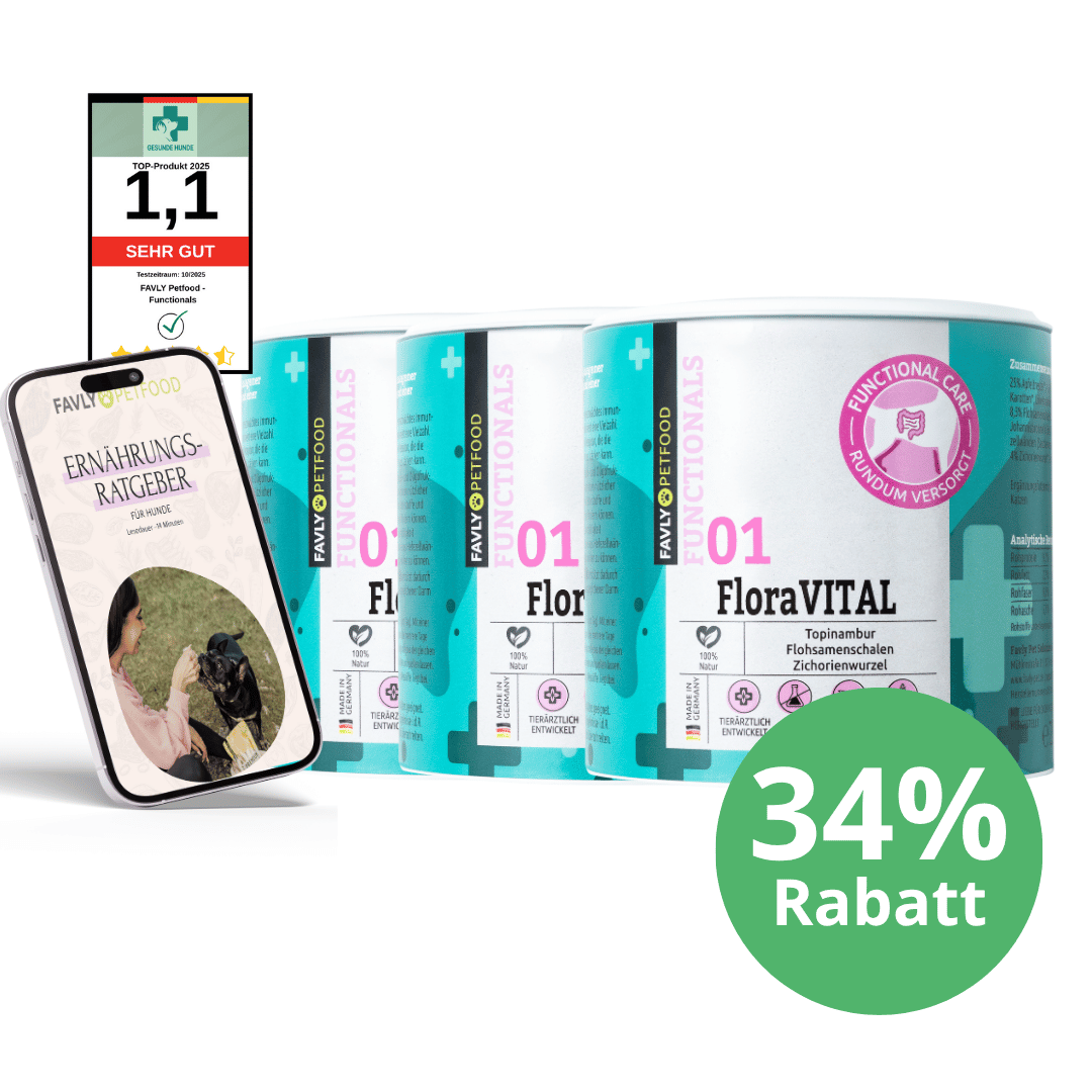 Drei Dosen FloraVITAL Pulver von FAVLY Petfood, 34 % Rabatt - für Deine Darmgesundheit mit Präbiotika.