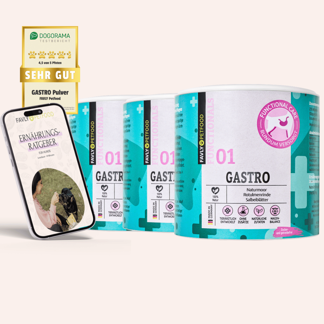 Drei Dosen FAVLY Petfood GASTRO Pulver plus einen Ernährungsratgeber und eine Sehr Gut"-Plakette für Neukunden.