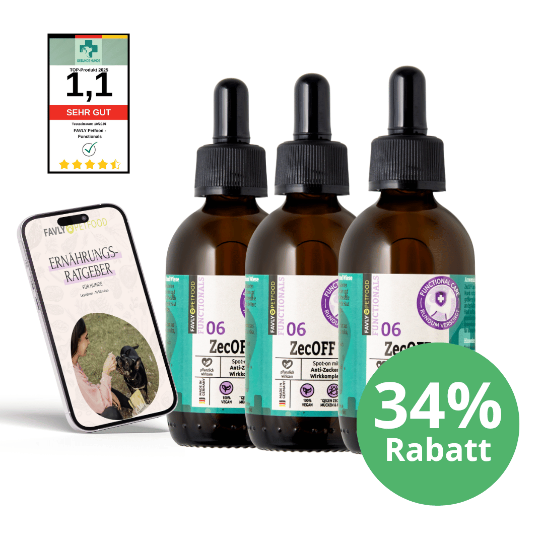 Drei ZecOFF für Hunde von FAVLY Petfood, Booklet, Siegel und "34% Rabattpreis" auf dem Sonderangebot-Label.