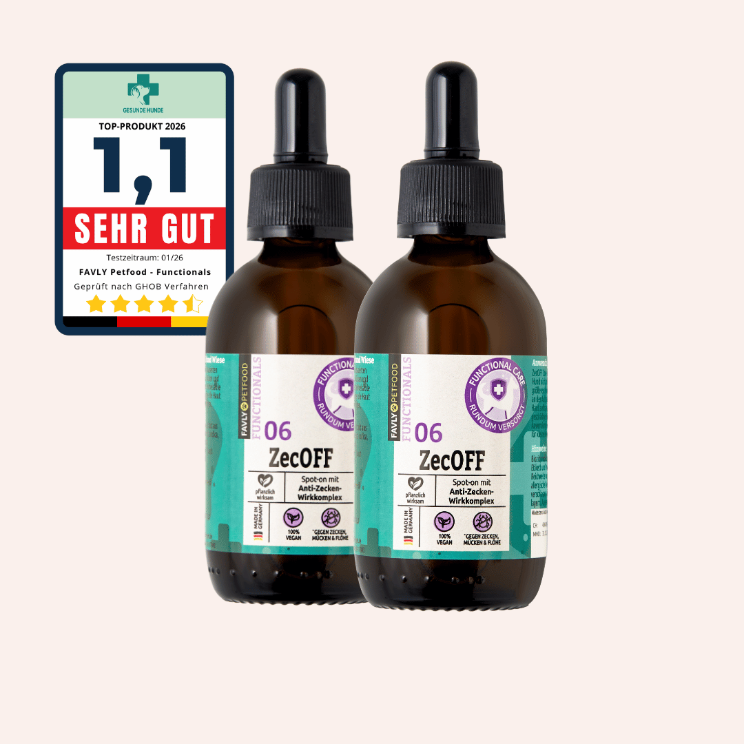 Zwei braune ZecOFF-Flaschen von FAVLY Petfood (Neukundenangebot) neben einer "Sehr Gut"-Plakette mit der Bewertung 1,1.