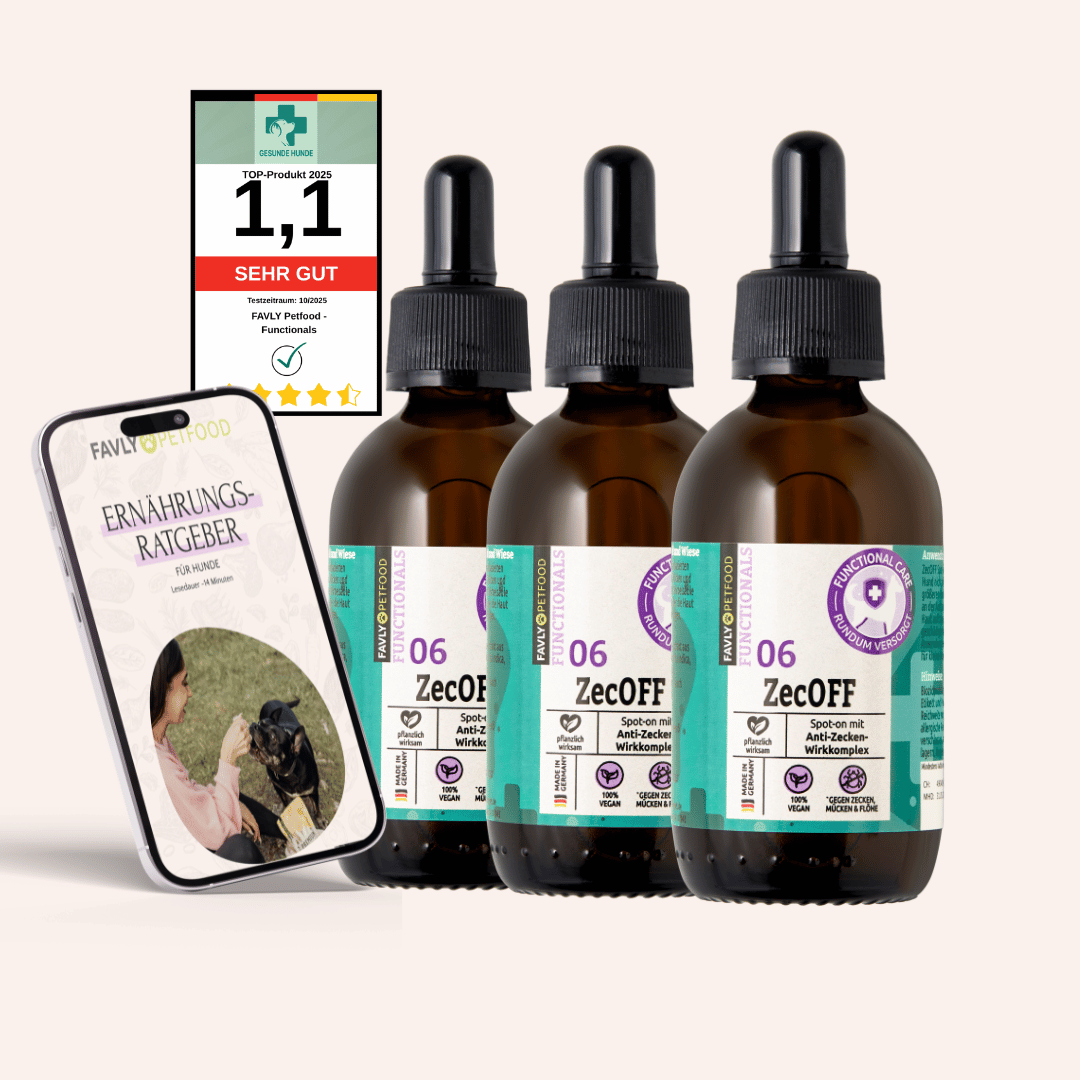Drei braune ZecOFF-Flaschen-FAVLY Petfood Zecken & Lästlinge (für Hunde) Neukundenangebot-plus Telefon & Bewertungskarte.