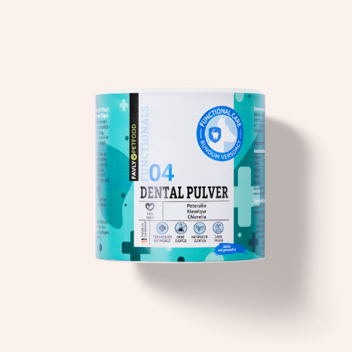Ein Behälter mit FAVLY Petfood DENTAL Pulver - Sonderangebot für Haustiere, blau-weißes Etikett.