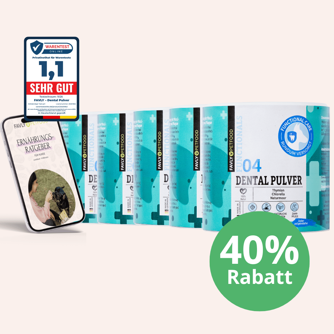Fünf Dosen FAVLY Petfood DENTAL Pulver Neukundenangebot, Telefonführer & "40% Rabatt"-Plakette.