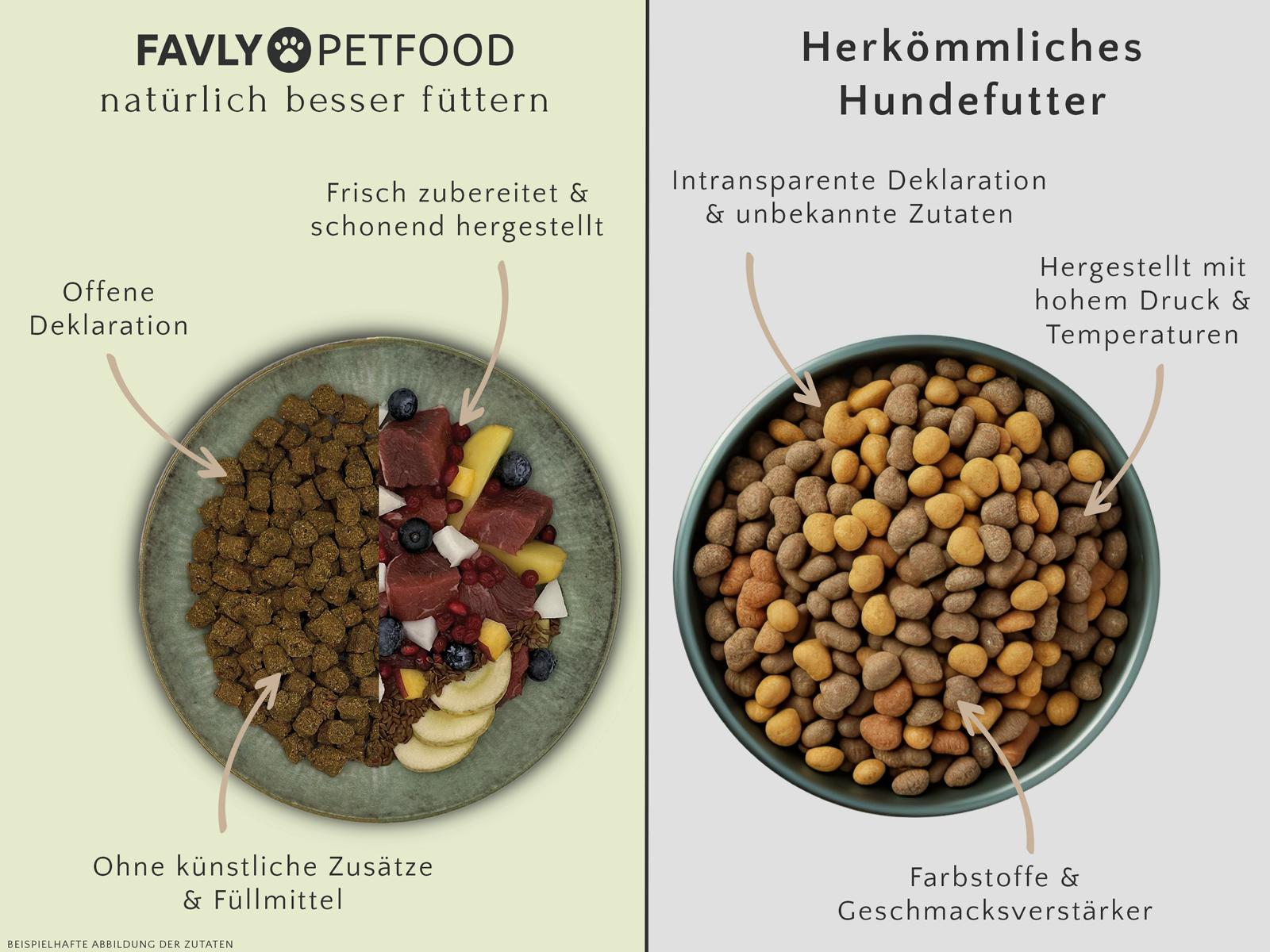 Vergleich zwischen frischem, natürlichem Hundefutter (links) und herkömmlichem Trockenfutter (rechts), mit Hervorhebung der Inhaltsstoffe und der Qualität.