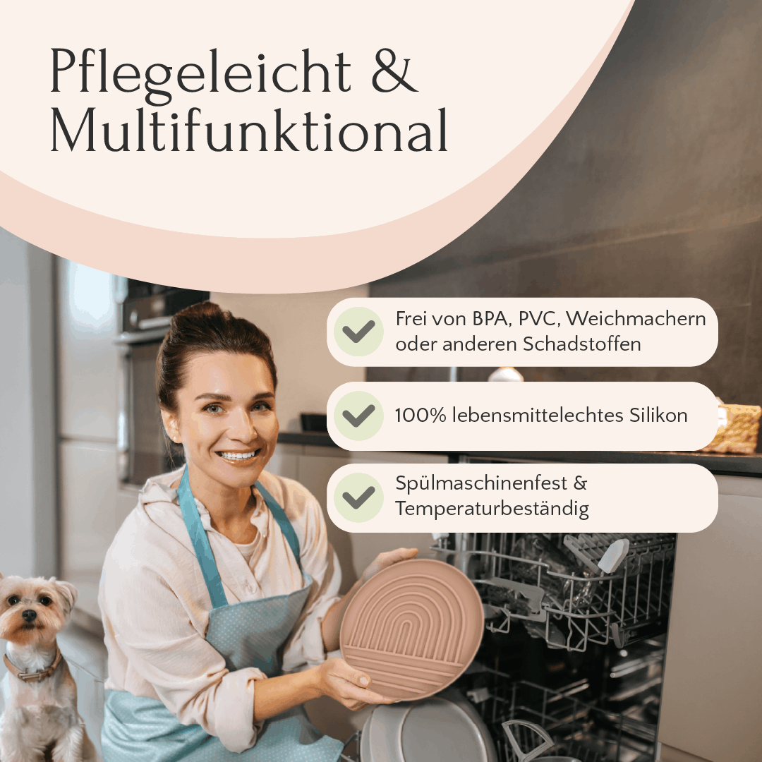 Frau lädt FAVLY Petfood Bauchwohl Set Teller in Spülmaschine-ideal für Hund Verdauung, magen-darm sicher.