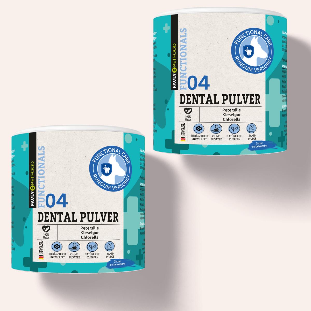 Zwei Behälter DENTAL Pulver von FAVLY Petfood mit klar gekennzeichneten Inhaltsstoffen und Nährwertsymbolen versprechen, der Plaquebildung vorzubeugen. Ideal zur Aufrechterhaltung einer optimalen Mundhygiene.