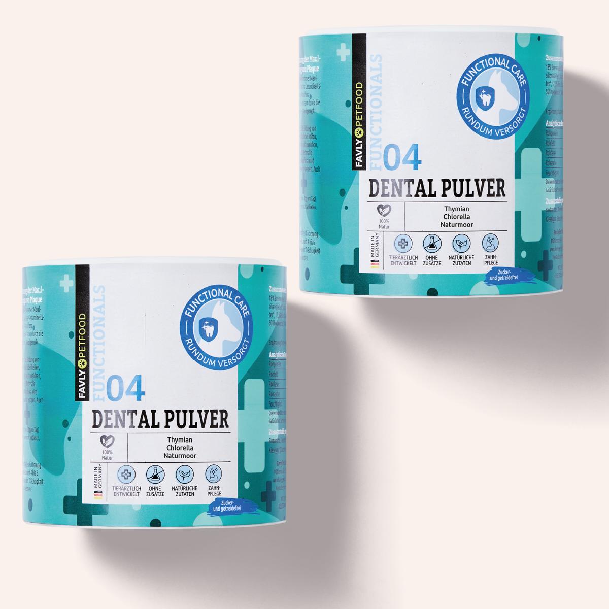 Zwei Dosen FAVLY Petfood DENTAL Pulver für Zahnhygiene & frischer Atem bei Hunden.