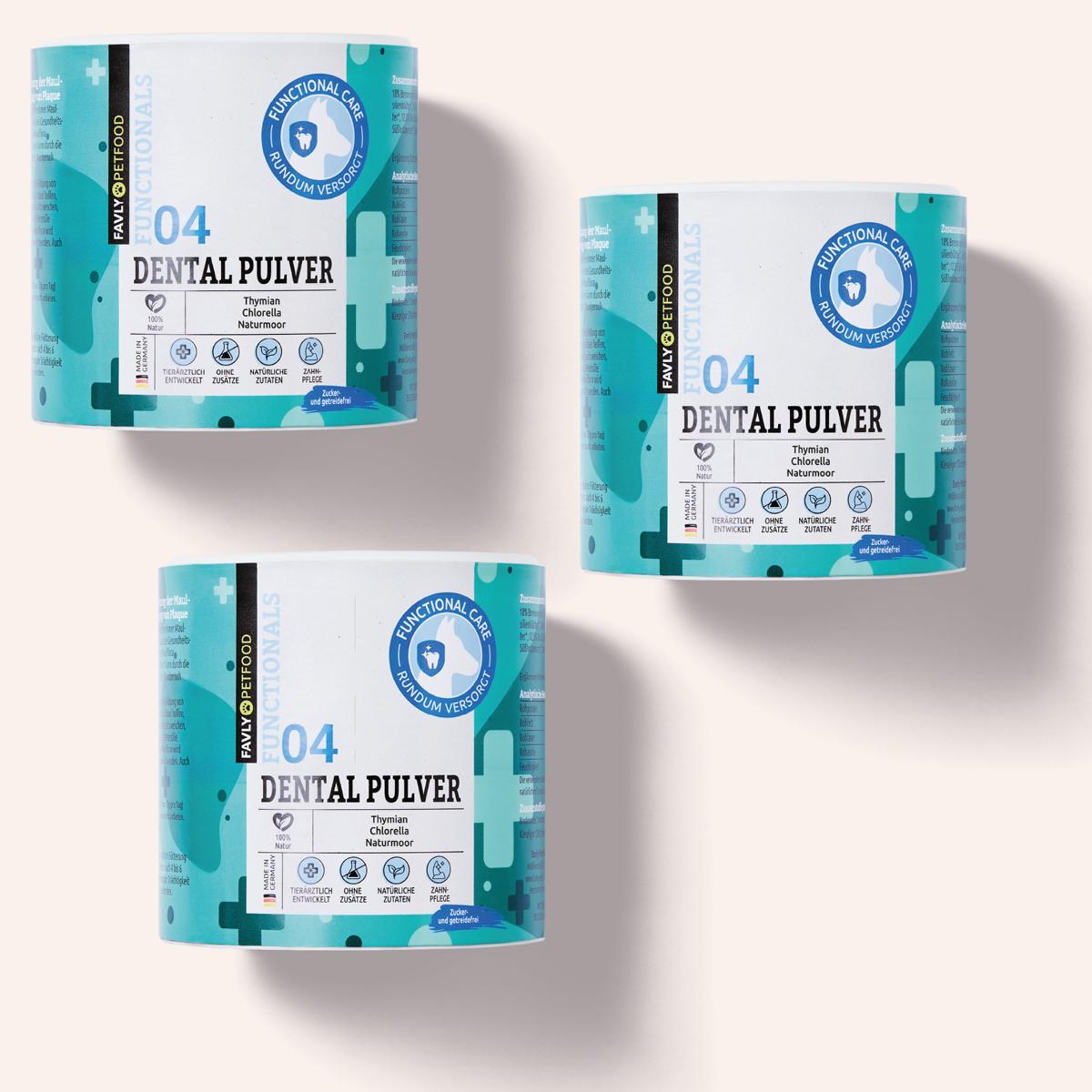 Drei Behälter mit FAVLY Petfood DENTAL Pulver für Zahnhygiene & frischer Atem, blau/weiße Etiketten.
