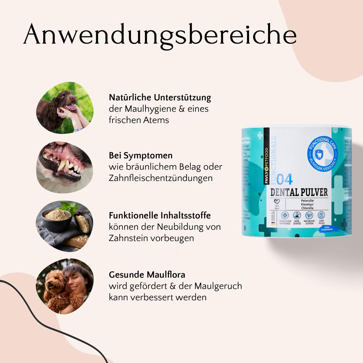 Infografik zur Präsentation von DENTAL Pulver – Zahnhygiene & frischer Atem-2 von FAVLY Petfood. Hervorhebung der natürlichen Vorteile für die Mundhygiene, Förderung von frischem Atem und einer gesunden Mundflora.