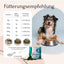 Hund mit Futternapf, DENTAL-Pulvertafel; kämpft gegen Zahnbelag. FAVLY Petfood Kanister & Löffel abgebildet.