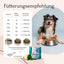 Hundefutter mit DENTAL Pulver - Sonderangebot von FAVLY Petfood, und einer Fütterungstabelle.