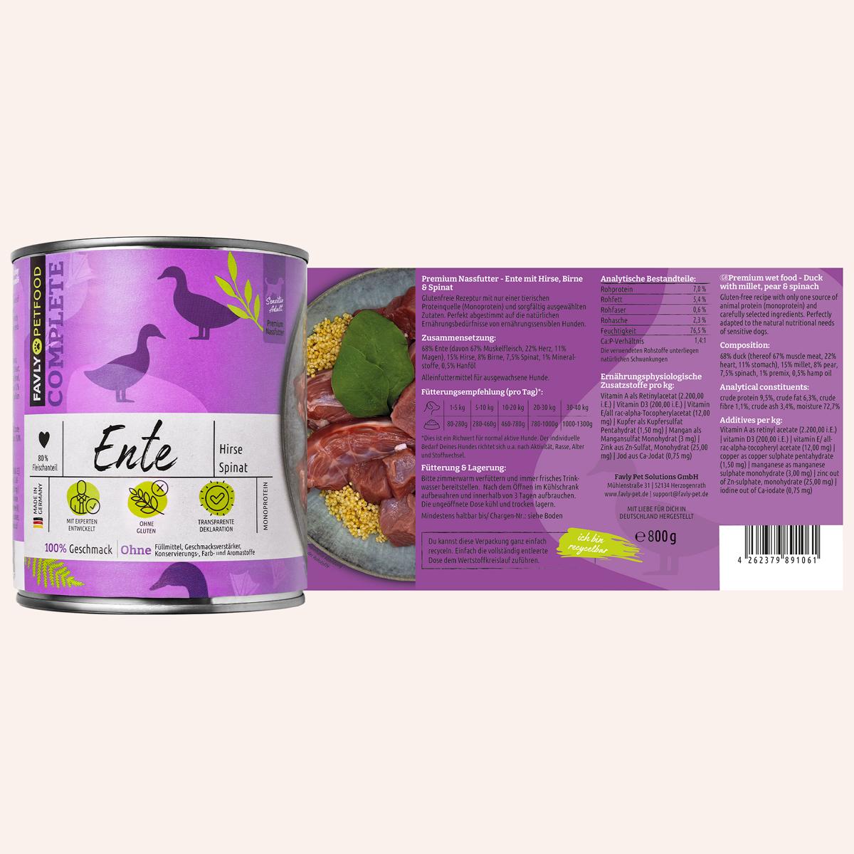 Eine Dose FAVLY Petfood Ente mit Hirse, Birne & Spinat Hundefutter mit einem lila Design.