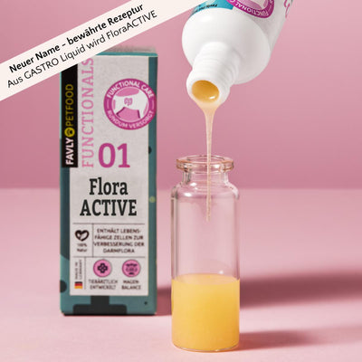 Eine gelbe Flüssigkeit ergießt sich durch FloraACTIVE - Probiotika & Darmflora von FAVLY Petfood - ideal für Hunde-Darmflora.