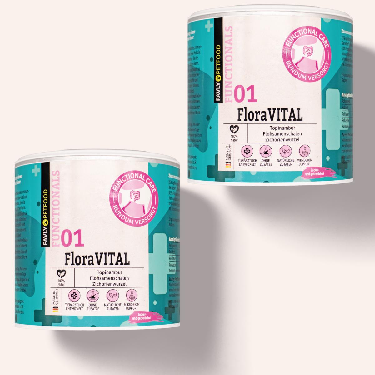 Zwei FAVLY Petfood FloraVITAL Pulver - Verdauung & Darmflora Behälter auf hellem Hintergrund.