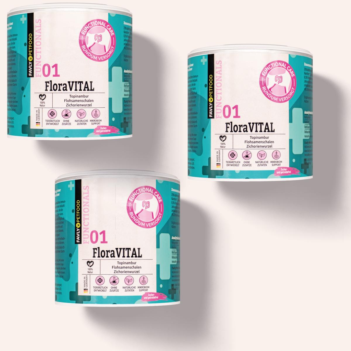 Drei Dosen FAVLY Petfood FloraVITAL Pulver - Verdauung & Darmflora in den Farben Teal, Weiß und Pink.