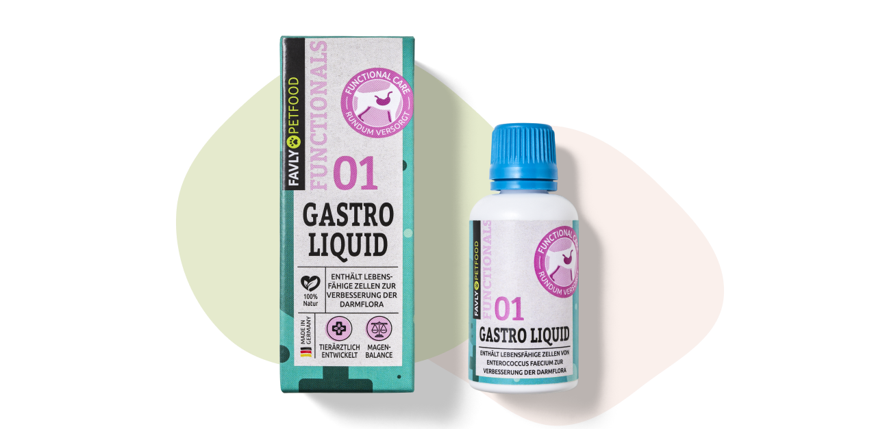 Flasche und Schachtel mit Nahrungsergänzungsmitteln für Haustiere mit der Aufschrift „Gastro Liquid“ und violettem und grünem Design.