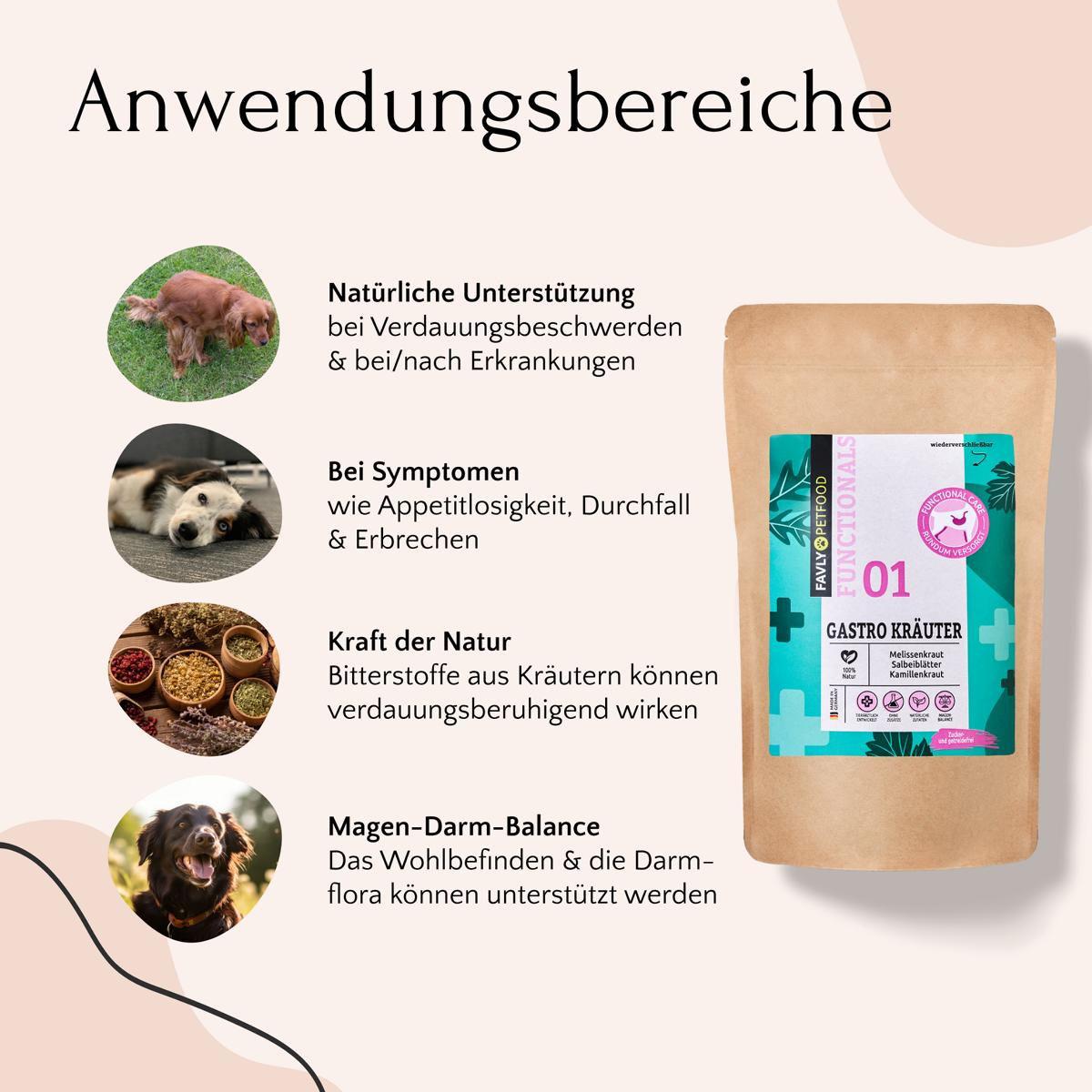 Abbildung des Kräuterprodukts GASTRO Kur – Magen & Darm zur Unterstützung der Verdauung von FAVLY Petfood, das seine Vorteile zeigt. Enthält Bilder von Hunden und Kräutern mit beschreibendem Text in Deutsch, um seine Rolle bei der Stabilisierung der Darmflora für eine gesunde Verdauung hervorzuheben.