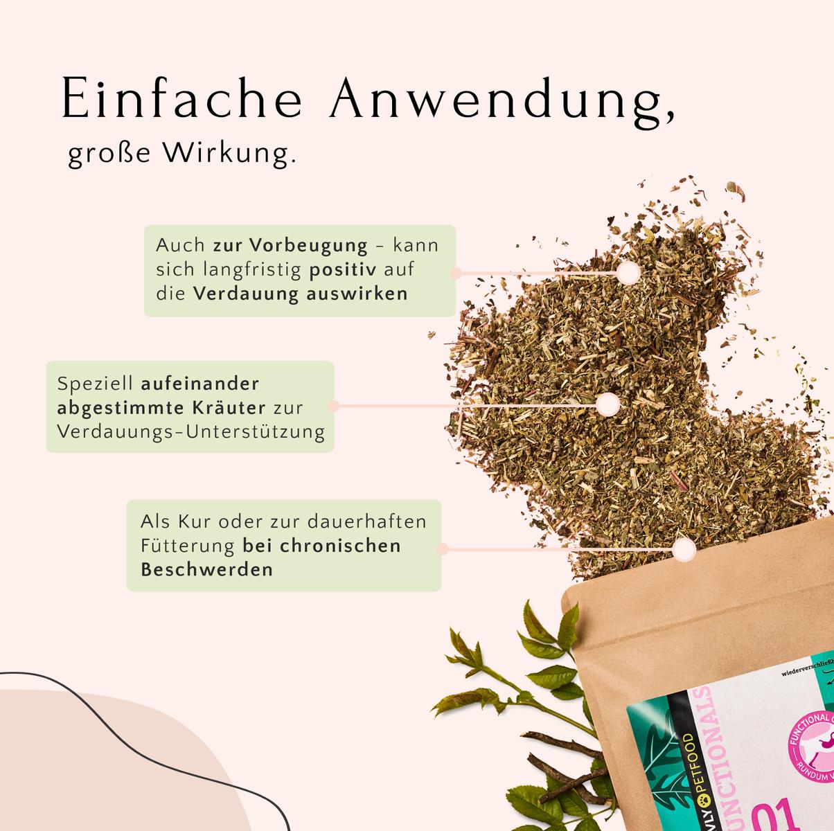 GASTRO Kräuter - Verdauung & Wohlbefinden von FAVLY Petfood, mit deutschem Text, betont seine Vorteile für die Verdauung und unterstützt die Darmflora. Diese Kräutermischung ist sowohl für die vorbeugende Pflege als auch für chronische Erkrankungen konzipiert und bietet eine natürliche Methode zur Förderung des Verdauungswohlbefindens.