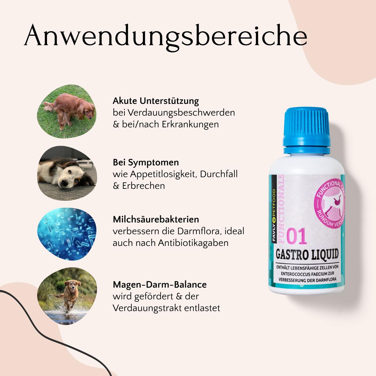 Infografik zum GASTRO Liquid – Probiotika & Darmflora-Ergänzungsmittel von FAVLY Petfood mit Bildern von Symptomen, Bakterien und ihrer Rolle beim Ausgleich Ihrer Darmflora für eine verbesserte Verdauung.