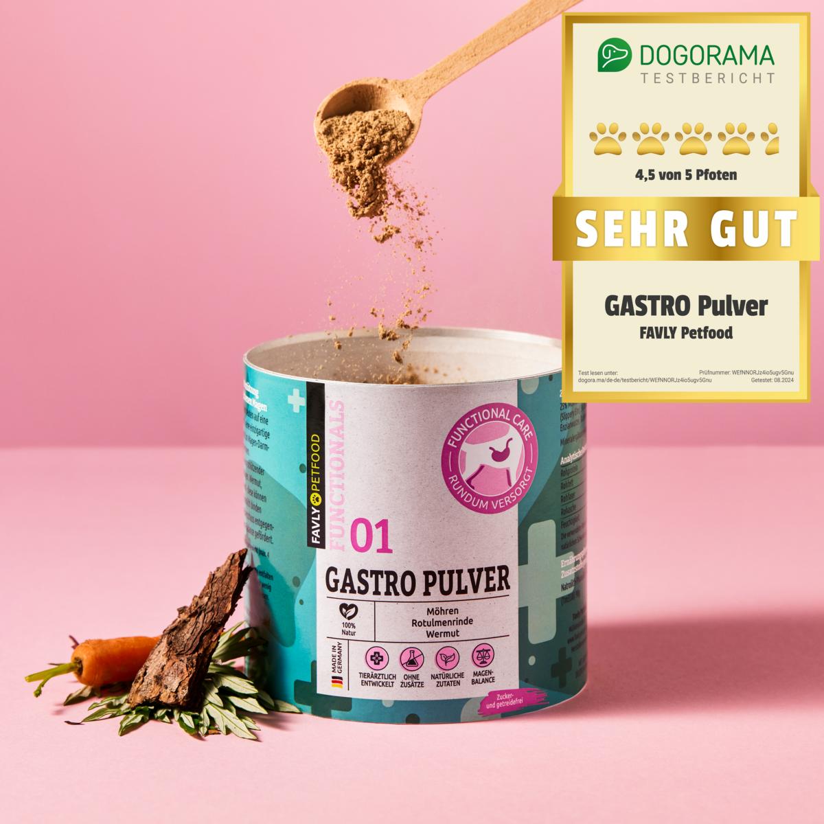 Dose „GASTRO Pulver – Sodbrennen & Grasfressen“ Hundeergänzungsmittel von FAVLY Petfood mit Zutaten und einer 4,5/5-Bewertung vor einem rosa Hintergrund.