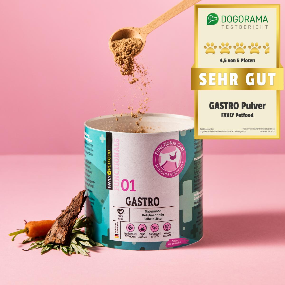 Ein GASTRO Pulver - Sodbrennen & Grasfressen von FAVLY Petfood mit Holzlöffel und "Sehr Gut" Bewertung.