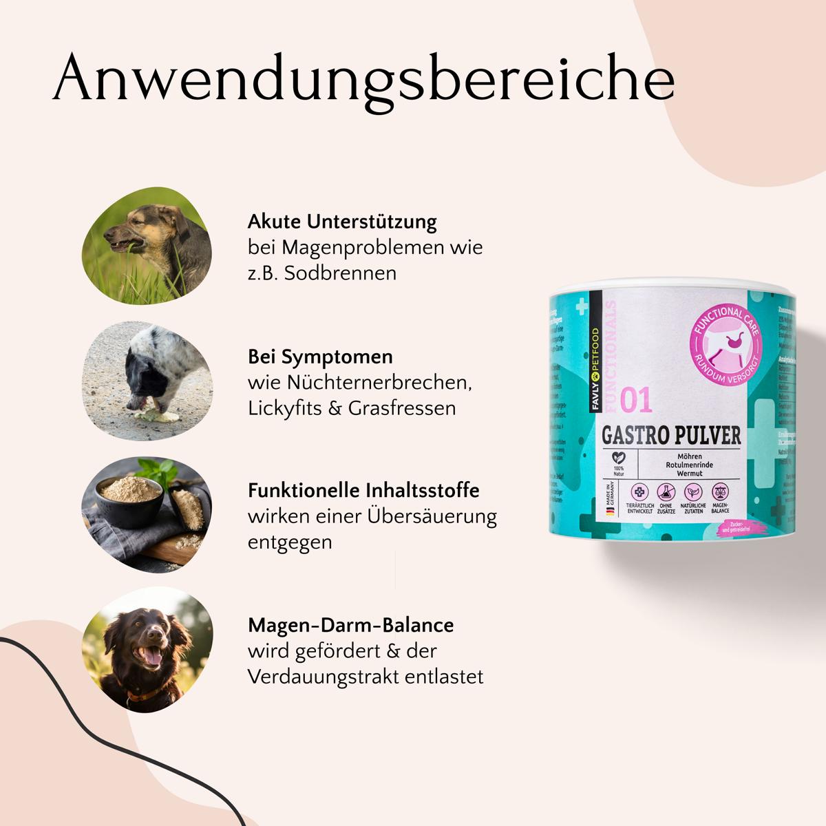 Deutscher Text für das Produkt von FAVLY Petfood, GASTRO Kur – Magen & Darm, mit Bildern eines Hundes, einer Kuh und Nahrungsergänzungsmitteln. Ziel dieser Mischung ist es, eine gesunde Verdauung zu unterstützen und die Darmflora zu stabilisieren.