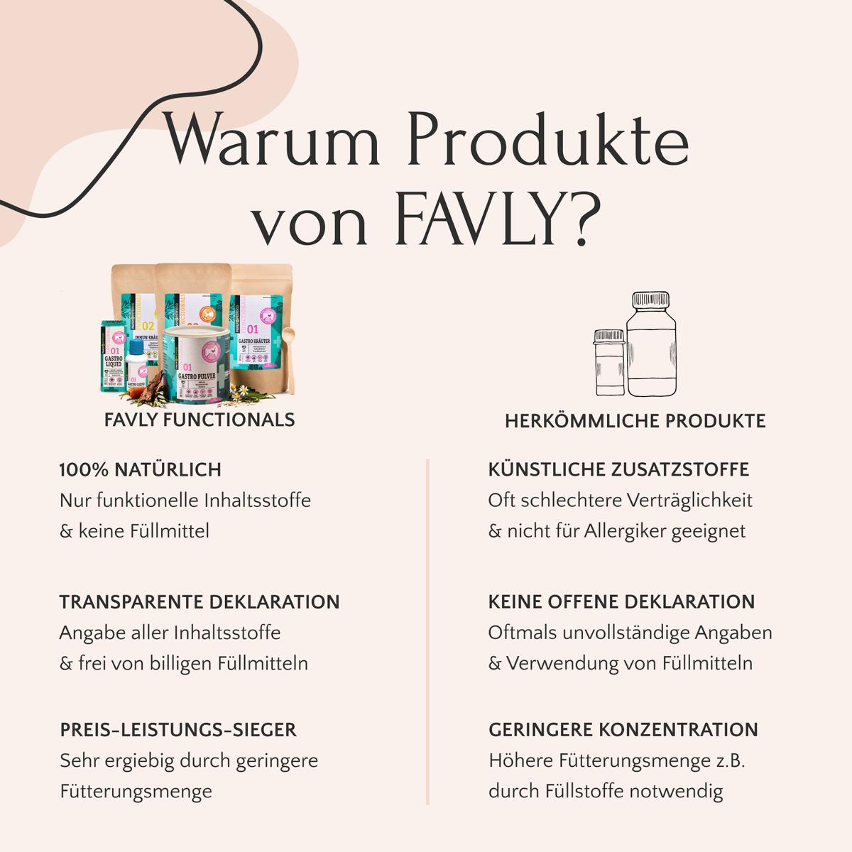 Vergleichstabelle der GASTRO Kur – Magen & Darm-Funktionsprodukte und konventionellen Produkte von FAVLY Petfood mit Symbolen und Vorteilen, die hervorheben, wie sie zu einer gesunden Verdauung beitragen und zur Stabilisierung der Darmflora beitragen.