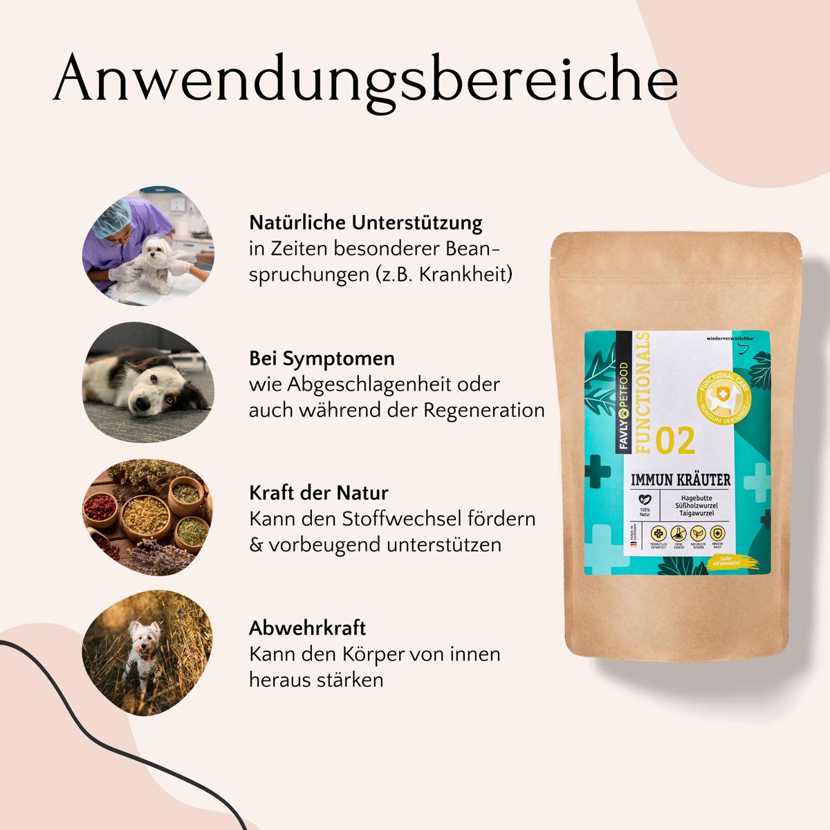 Bild einer Packung Kräuterergänzungsmittel, das die gesundheitsfördernde und immunstärkende Wirkung von IMMUN Kräuter – Abwehrkräfte & Immunsystem von FAVLY Petfood zeigt.