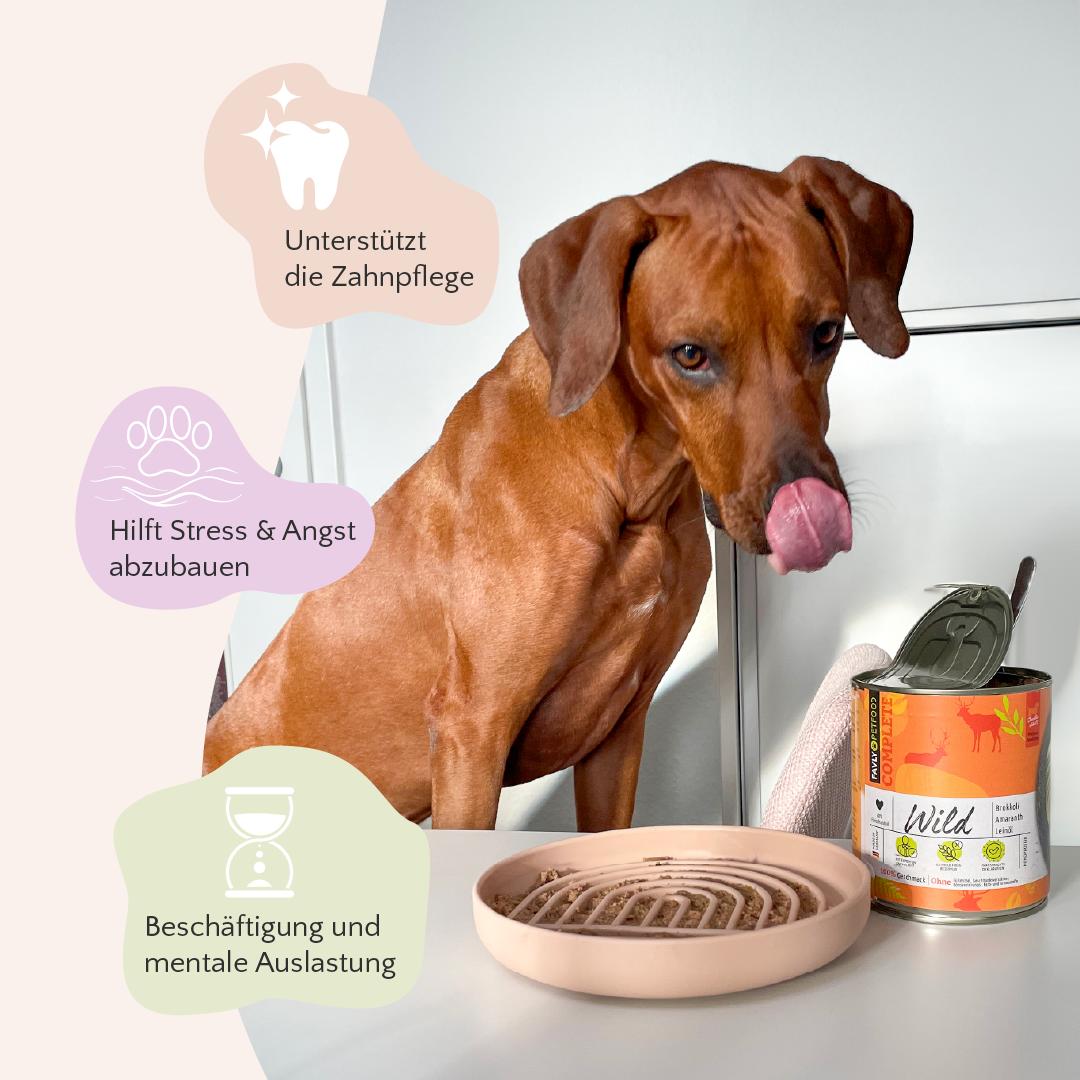 Brauner Hund leckt sich die Nase neben einer Pawfect Lickmat - Schleckmatte von FAVLY Petfood und einer offenen Dose.