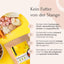Infografik von FAVLY Petfood Kaninchen mit Amaranth, Leinsamen & Chicorée auf rosa, mit Futterbildern und beschriftetem Beutel.