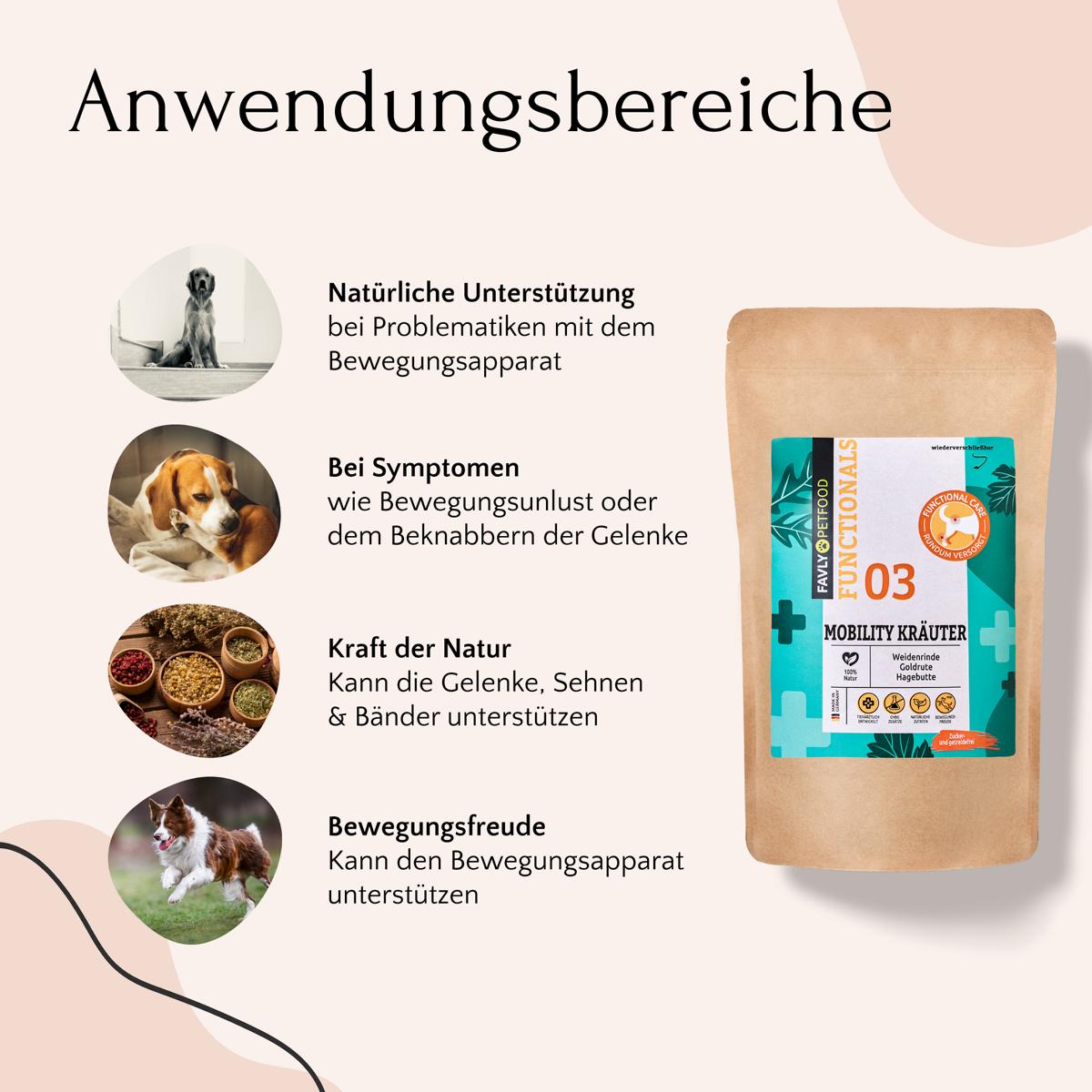 Werben Sie für FAVLY Petfood's MOBILITY Kräuter - Gelenke & Beweglichkeit, mit Bildern von Hunden und natürlichen Inhaltsstoffen, die den Gelenkstoffwechsel unterstützen. Fördern Sie die Gesundheit Ihres Vierbeiners mit unserer speziellen Kräutermischung.