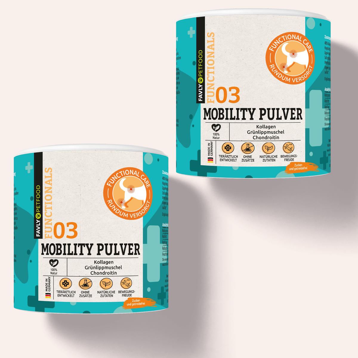 Zwei Behälter „MOBILITY Pulver – Gelenke & Mobilität“ von FAVLY Petfood im blaugrünen und orangefarbenen Design mit Ergänzungsdetails für die Gelenkgesundheit.