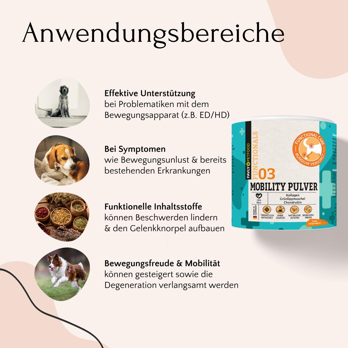 Die Anwendung von FAVLY Petfood MOBILITY Pulver - Gelenke & Mobilität unterstützt die Gelenkgesundheit und den Bewegungsapparat von Tieren, lindert Symptome und enthält funktionelle Inhaltsstoffe.