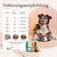 Hund mit Futternapf, Gewichtstabelle und FAVLY Petfood MOBILITY Pulver mit Kollagenhydrolysat für die Gelenke.