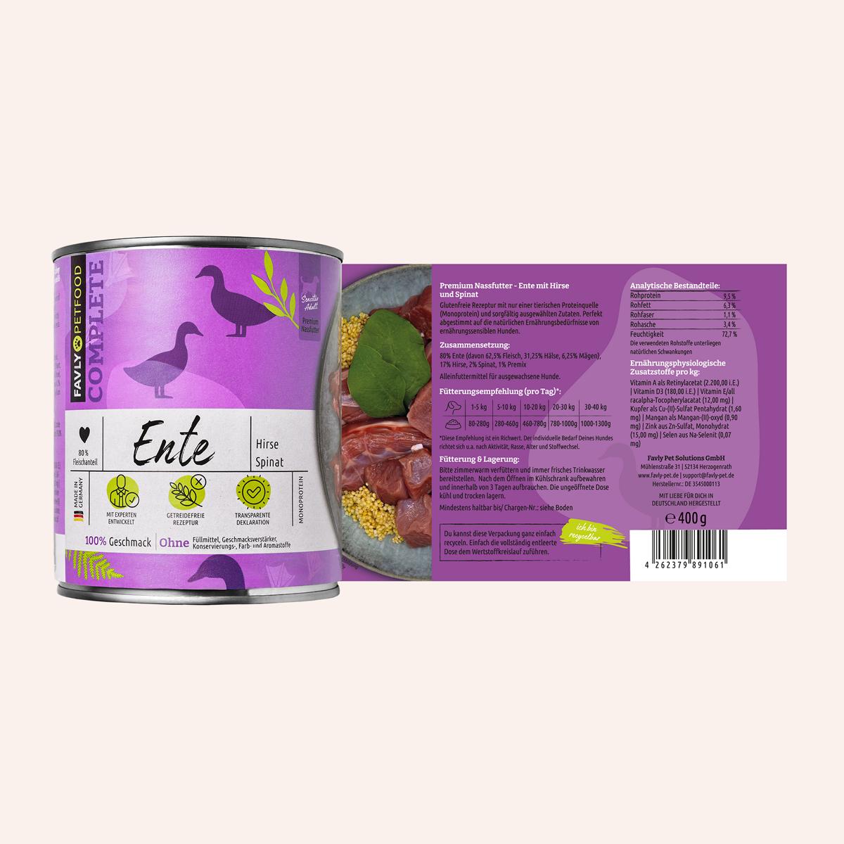 Eine lila Dose Hundefutter von FAVLY Petfood mit der Aufschrift „Nassfutter Ente mit Hirse & Spinat 400g“ mit Monoprotein-Entenfleisch, mit Zutaten- und Nährwertangaben an der Seite.