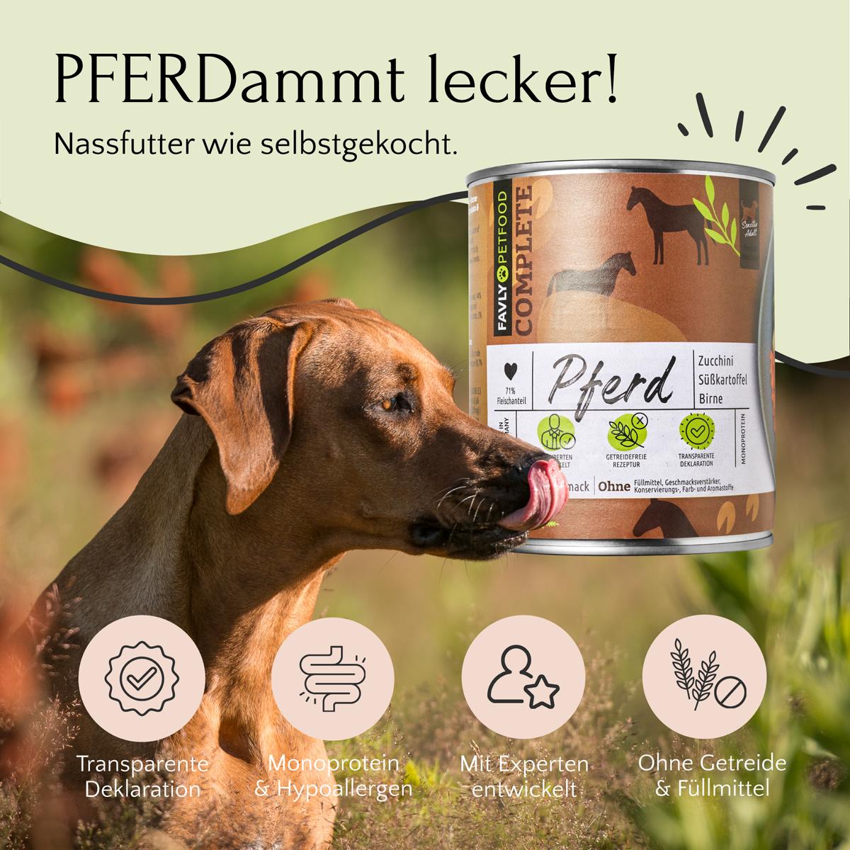 Ein Hund leckt sich neben einer Dose Tierfutter die Lippen; Text: „PFERDammt lecker!“, Benefit-Icons: transparente Deklaration, hypoallergen, Expertenempfehlung, getreidefrei. Monoprotein-Hunde werden dieses FAVLY Petfood Nassfutter Pferd mit Zucchini, Süßkartoffel & Birne 800g lieben!