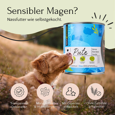 Ein Hund schnuppert an einer Dose Nassfutter Pute mit Quinoa, Rote Beete und Fenchel 800 g von FAVLY Petfood, mit deutschem Text, der die Vorteile der Monoprotein- und getreidefreien Formel erklärt.