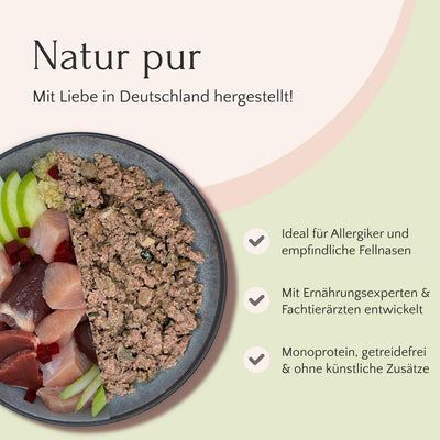 Ein Teller mit gemischtem rohem Fleisch und Gemüse, beschriftet in Deutsch mit Produktdetails für Tiernahrung. Dieses FAVLY Probierpaket „Hündin & Huhn“ von FAVLY Petfood ist perfekt für ernährungssensible Hunde und soll bei Verdauungsbeschwerden helfen.