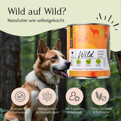 Ein Hund sitzt im Wald und präsentiert eine Dose „Nassfutter Wild mit Amaranth, Brokkoli & Leinöl 800g“ von FAVLY Petfood. Der deutsche Text hebt die Monoprotein-Eigenschaften hervor.