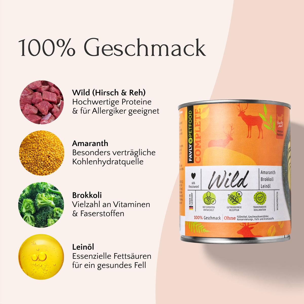 Eine Dose FAVLY Petfood Nassfutter Wild mit Amaranth, Brokkoli & Leinöl 800g.