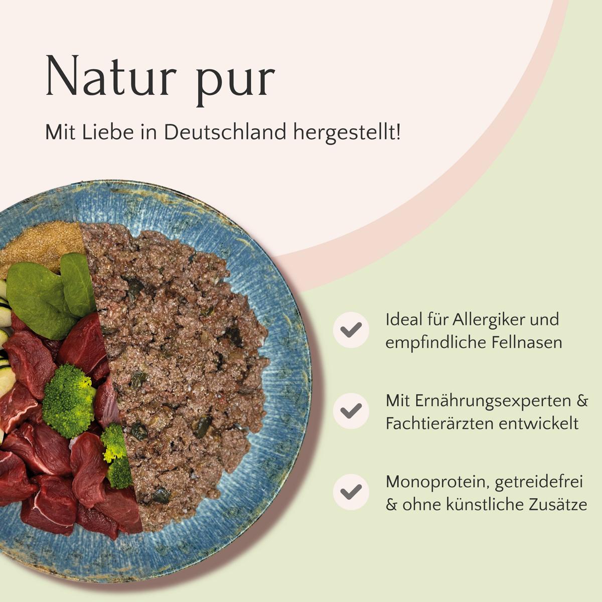 Eine bunte Schüssel Tierfutter mit frischen Zutaten, die die Natürlichkeit und die hochwertige Herstellung in Deutschland unterstreicht, darunter Nassfutter Wild mit Amaranth, Brokkoli & Leinöl 800g von FAVLY Petfood.