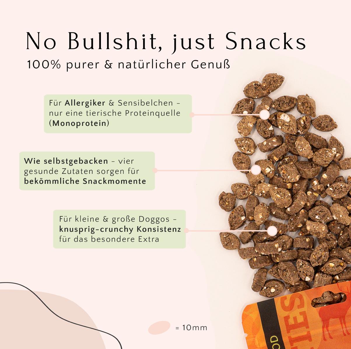 Eine Anzeige von Nature Cookies Wild von FAVLY Petfood mit Beschreibungen, einschließlich Details zur Allergenfreundlichkeit, natürlichen Zutaten und einer Beschreibung der knusprigen Textur.