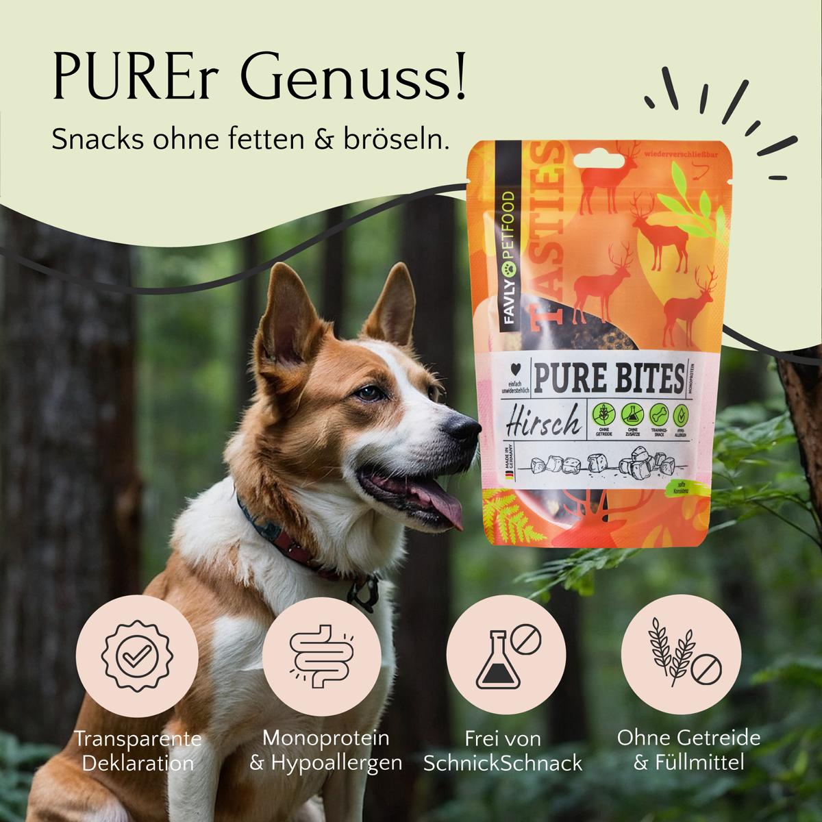 Ein Hund sitzt im Wald neben einer Packung PURE Bites Hirsch von FAVLY Petfood aus natürlichen Zutaten. Vier Icons heben die Produktvorteile hervor.