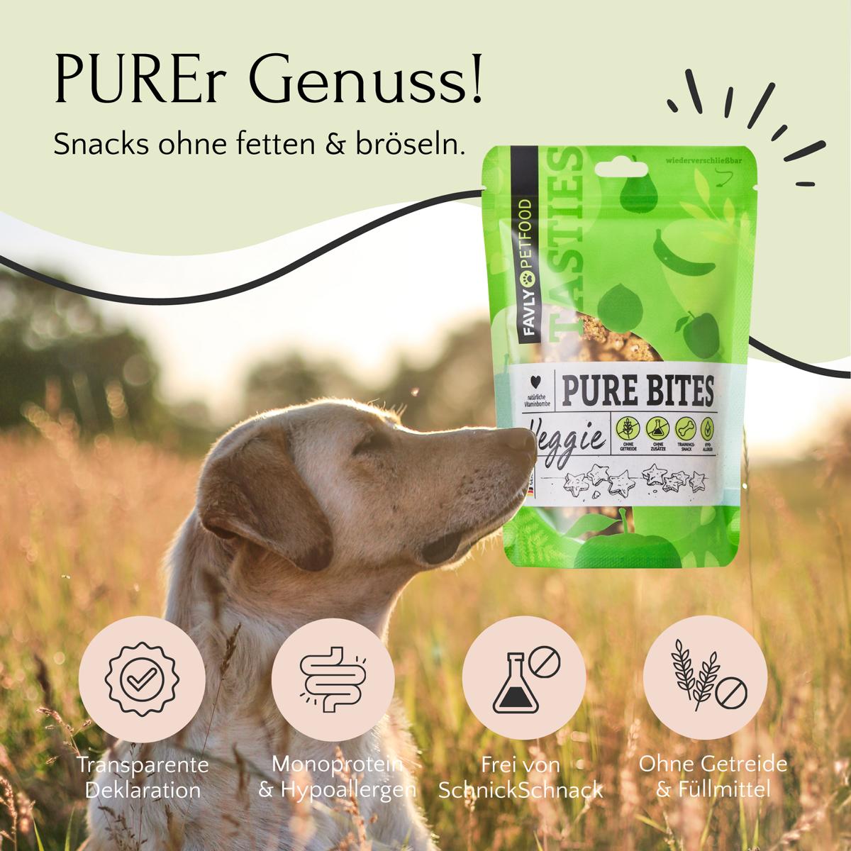 Ein Hund auf einem Feld, der neben einer Packung PURE Bites Veggie-Snacks nach oben blickt. Deutscher Text mit Produkteigenschaften darunter, die getreidefreie Snacks für Allergiker und sensible Hunde hervorheben, hergestellt aus natürlichen Zutaten von FAVLY Petfood.