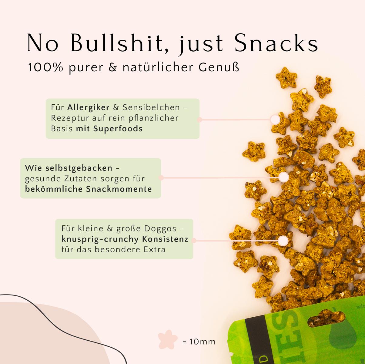 Ein Werbebild von FAVLY Petfoods PURE Bites Veggie, sternförmigen und getreidefreien Snacks, mit einem Text, der ihre gesundheitlichen Vorteile beschreibt, und einer Größenreferenz von 10 mm, ideal für Allergiker und empfindliche Hunde.