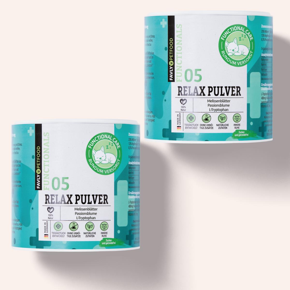 Zwei Dosen FAVLY Petfood Relax Pulver - Unruhe & Stress für Hunde, abgebildet auf einem hellen Hintergrund.