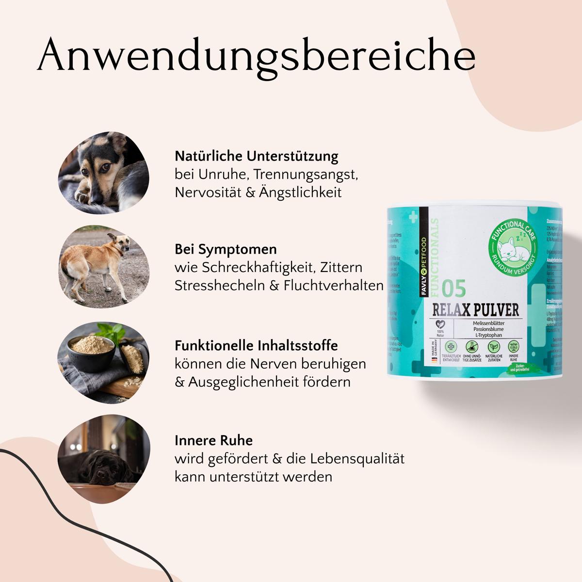 RELAX Pulver - Unruhe & Stress von FAVLY Petfood: Vorteile und Anwendung mit Bildern kurz erklärt.