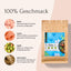 Beschreibung: Eine Hundetrockenfutter-Werbung auf Deutsch für FAVLY Petfood, die das Junior Trockenfutter Huhn mit Lachs, Apfel und Leinsamen in einer getreidefreien Rezeptur präsentiert, zusammen mit einer Produktverpackung.