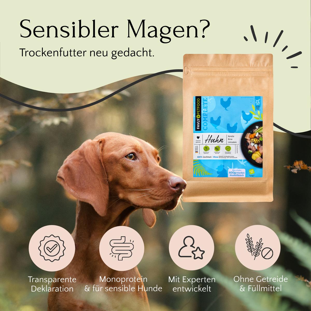 Eine Tüte Trockenfutter Huhn mit Karotten, Birne und Leinsamen von FAVLY Petfood mit der Aufschrift „Für empfindliche Mägen geeignet“, mit Symbolen, die die Vorteile hervorheben, und einer getreidefreien Rezeptur, mit einem braunen Hund im Hintergrund.