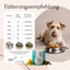 Ein Hund leckt sich das Maul in der Nähe des Futters, mit FAVLY Petfood UROCARE Pulver - Niere & Blase und einer Tabelle in der Nähe.
